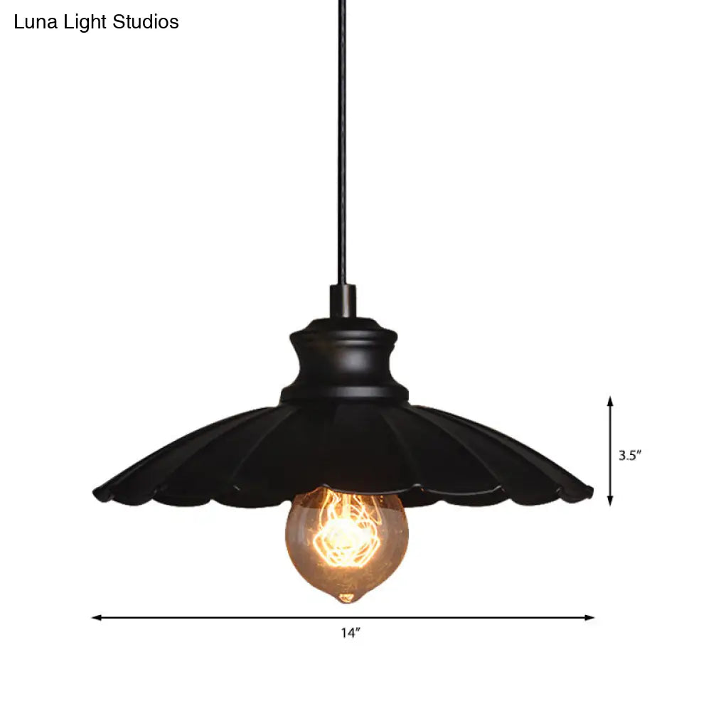 Metallic Black Pendant Lamp With Scalloped Shade - Retro Style Ceiling Light For Kitchen