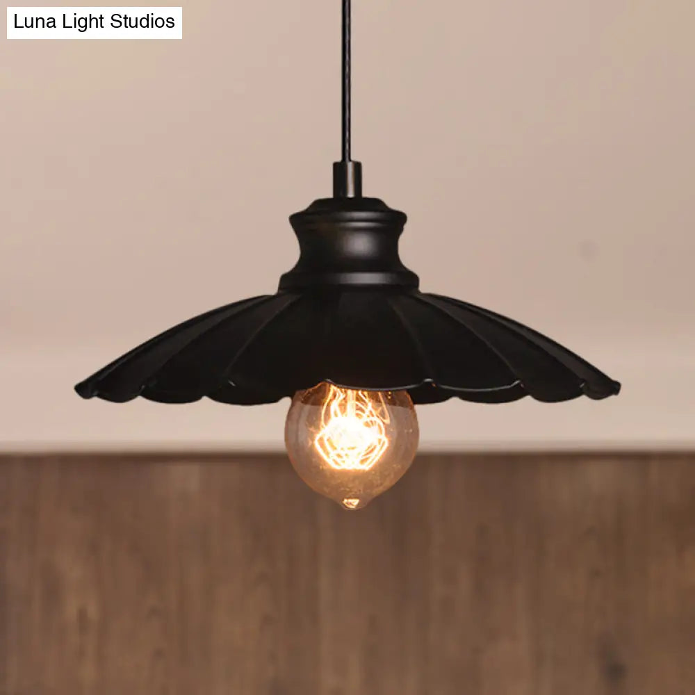 Metallic Black Pendant Lamp With Scalloped Shade - Retro Style Ceiling Light For Kitchen