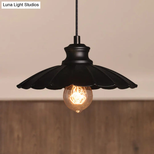 Metallic Black Pendant Lamp With Scalloped Shade - Retro Style Ceiling Light For Kitchen