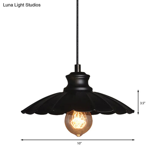 Metallic Black Pendant Lamp With Scalloped Shade - Retro Style Ceiling Light For Kitchen