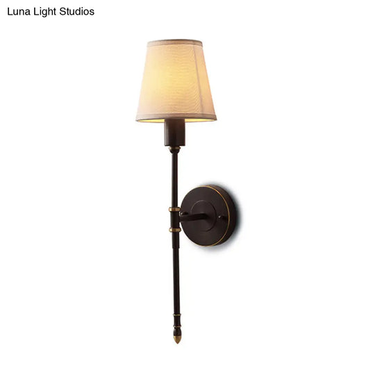 Metallic Black Sconce With Tapered Fabric Shade - Elegant Bedside Wall Fixture