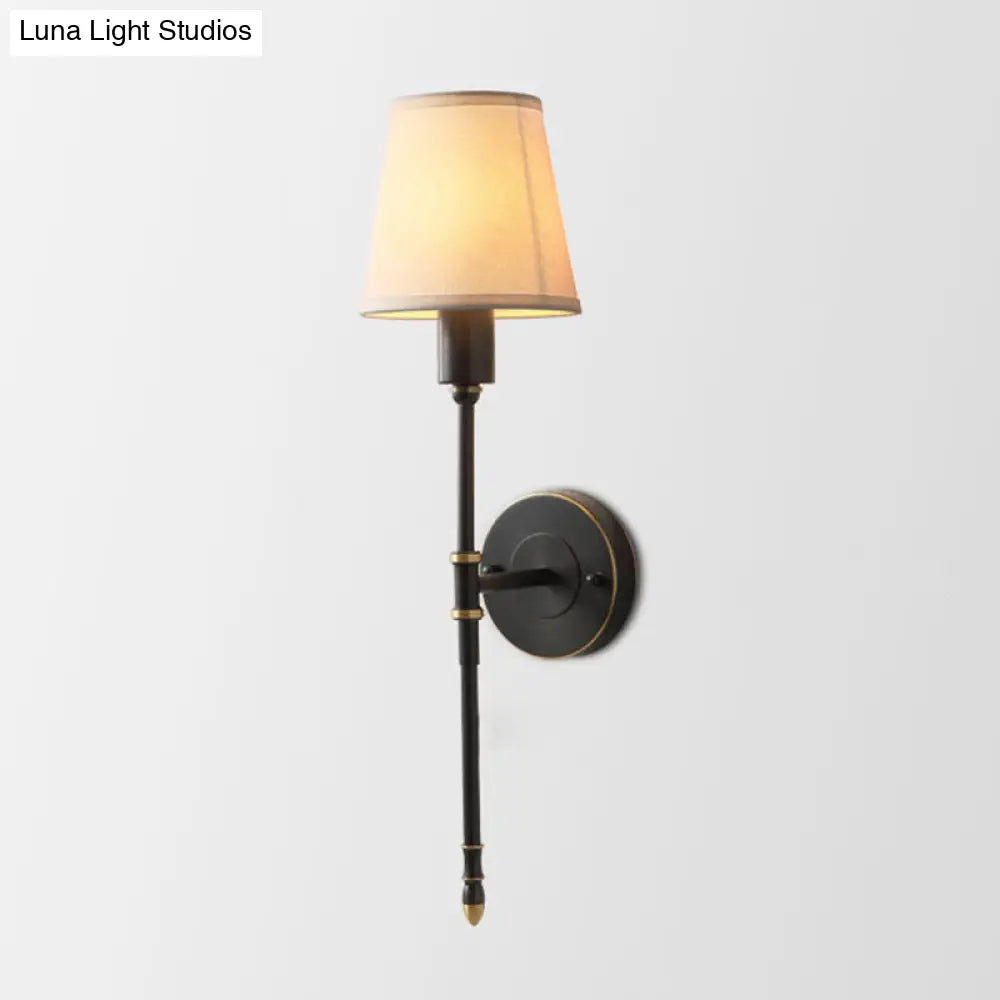 Metallic Black Sconce With Tapered Fabric Shade - Elegant Bedside Wall Fixture