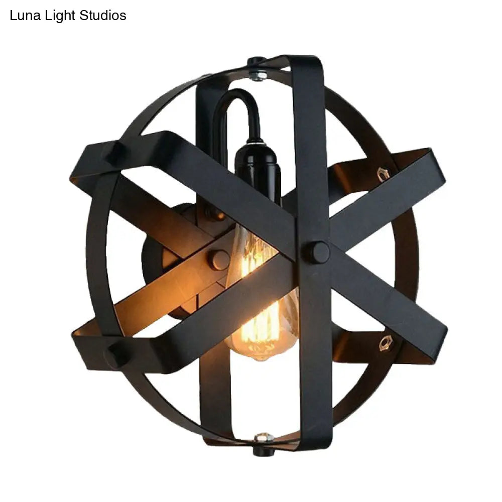 Metallic Black Wall Mount Sconce With Industrial Gear Design - Round Shade 1 Light