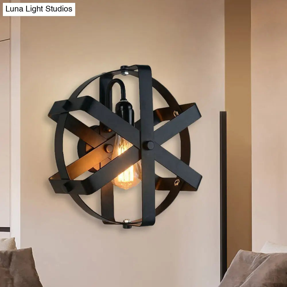 Metallic Black Wall Mount Sconce With Industrial Gear Design - Round Shade 1 Light