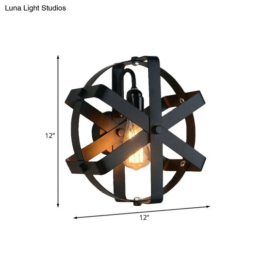 Metallic Black Wall Mount Sconce With Industrial Gear Design - Round Shade 1 Light