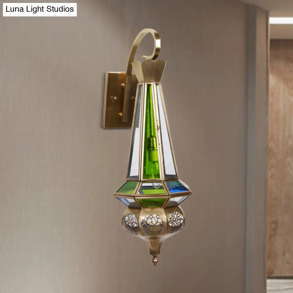 Metallic Brass Cone Wall Sconce Light: 1-Bulb Hallway Fixture With Colorful Glass Shade