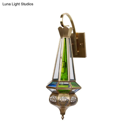 Metallic Brass Cone Wall Sconce Light: 1-Bulb Hallway Fixture With Colorful Glass Shade