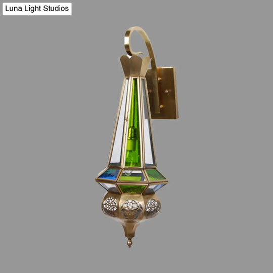 Metallic Brass Cone Wall Sconce Light: 1-Bulb Hallway Fixture With Colorful Glass Shade