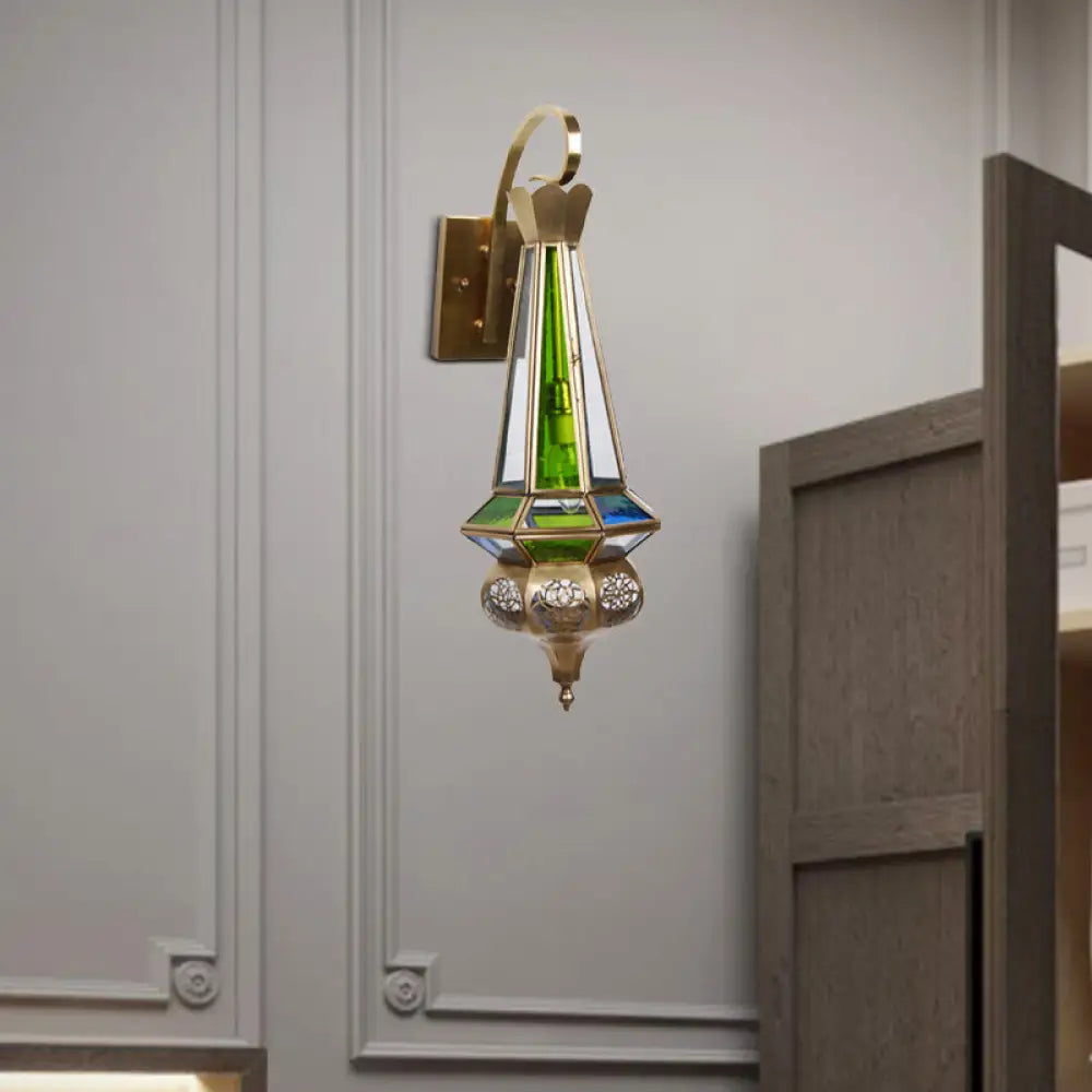 Metallic Brass Cone Wall Sconce Light: 1-Bulb Hallway Fixture With Colorful Glass Shade