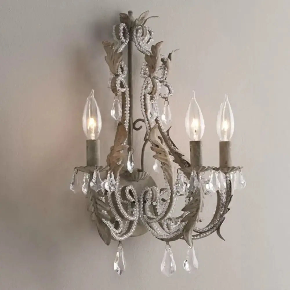 Metallic Candle Wall Sconce With Crystal - 3 Lights Living Room & Kids Light Grey