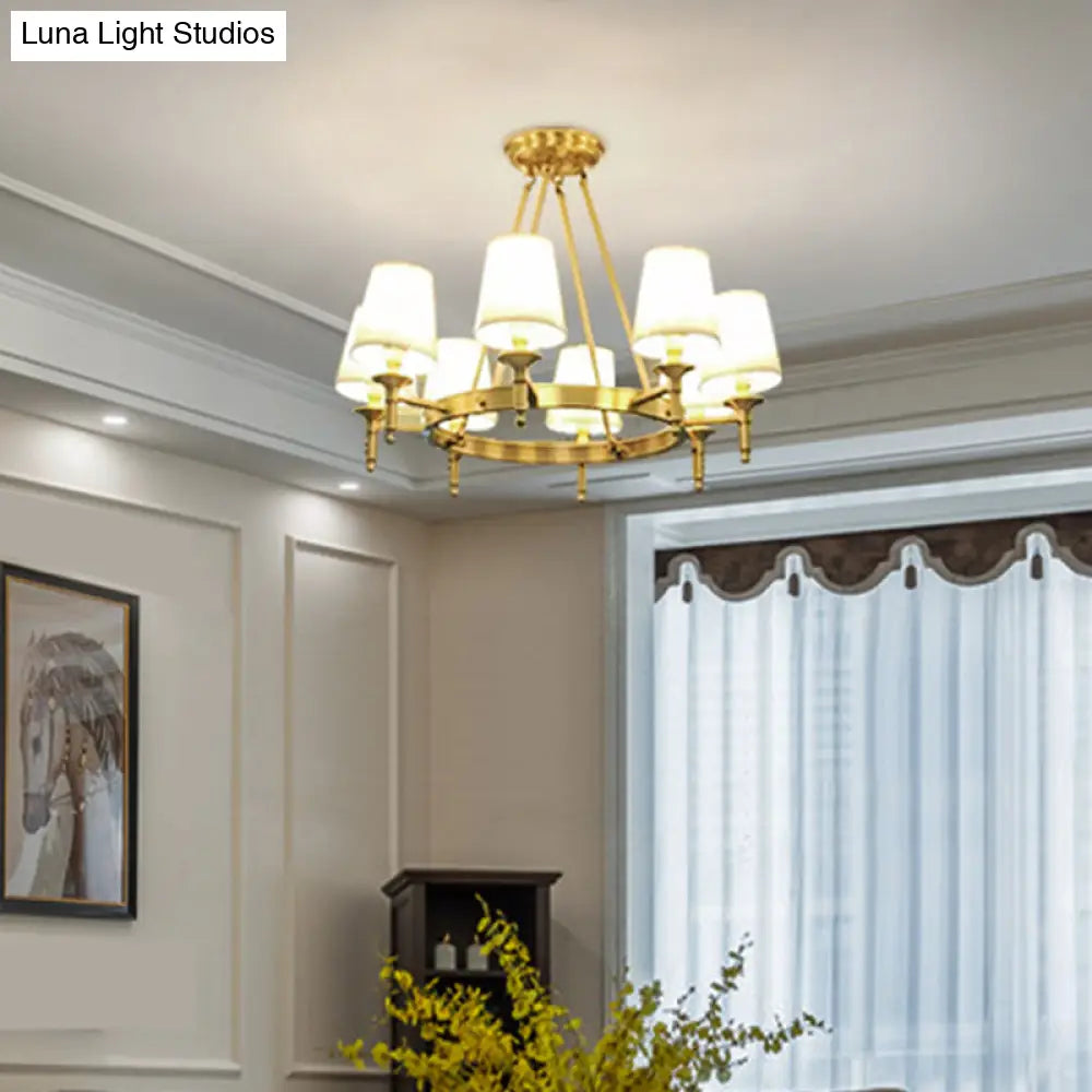 Metallic Candlestick Chandelier Pendant Light With Bucket Fabric Shade - Classic Lighting For Living