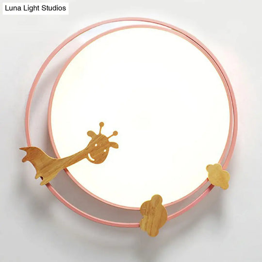 Metallic Cartoon Led Flush Mount For Kids Bedroom With Wooden Decor