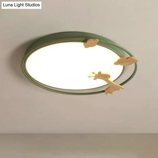 Metallic Cartoon Led Flush Mount For Kids Bedroom With Wooden Decor Green / Small Warm