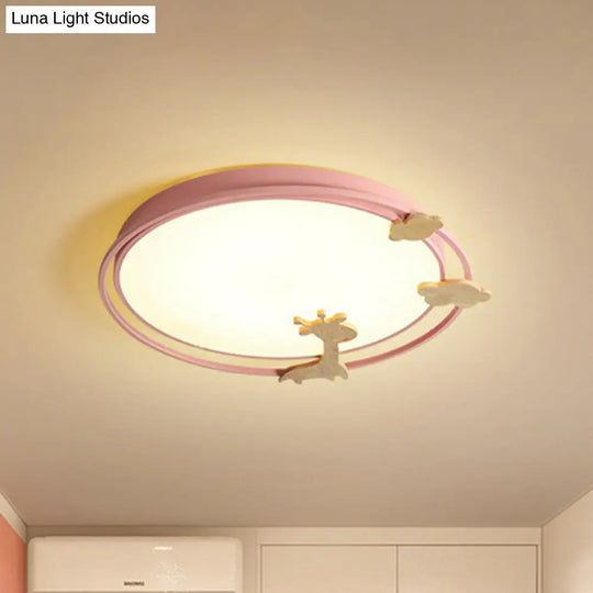 Metallic Cartoon Led Flush Mount For Kids Bedroom With Wooden Decor Pink / Small White