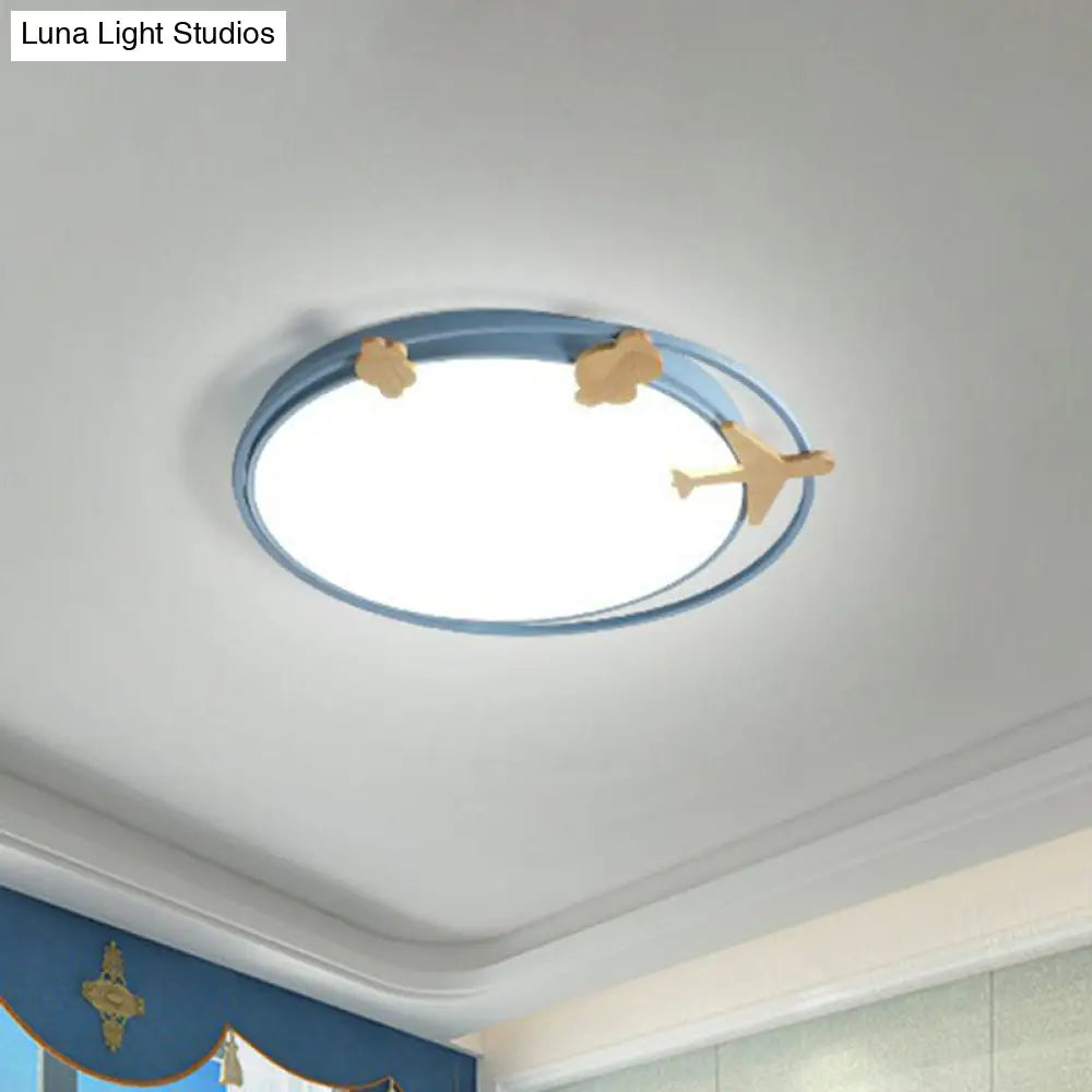 Metallic Cartoon Led Flush Mount For Kids Bedroom With Wooden Decor Blue / Small White