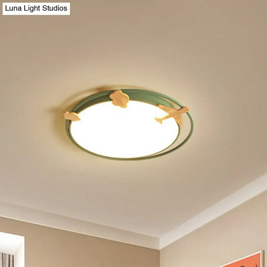 Metallic Cartoon Led Flush Mount For Kids Bedroom With Wooden Decor