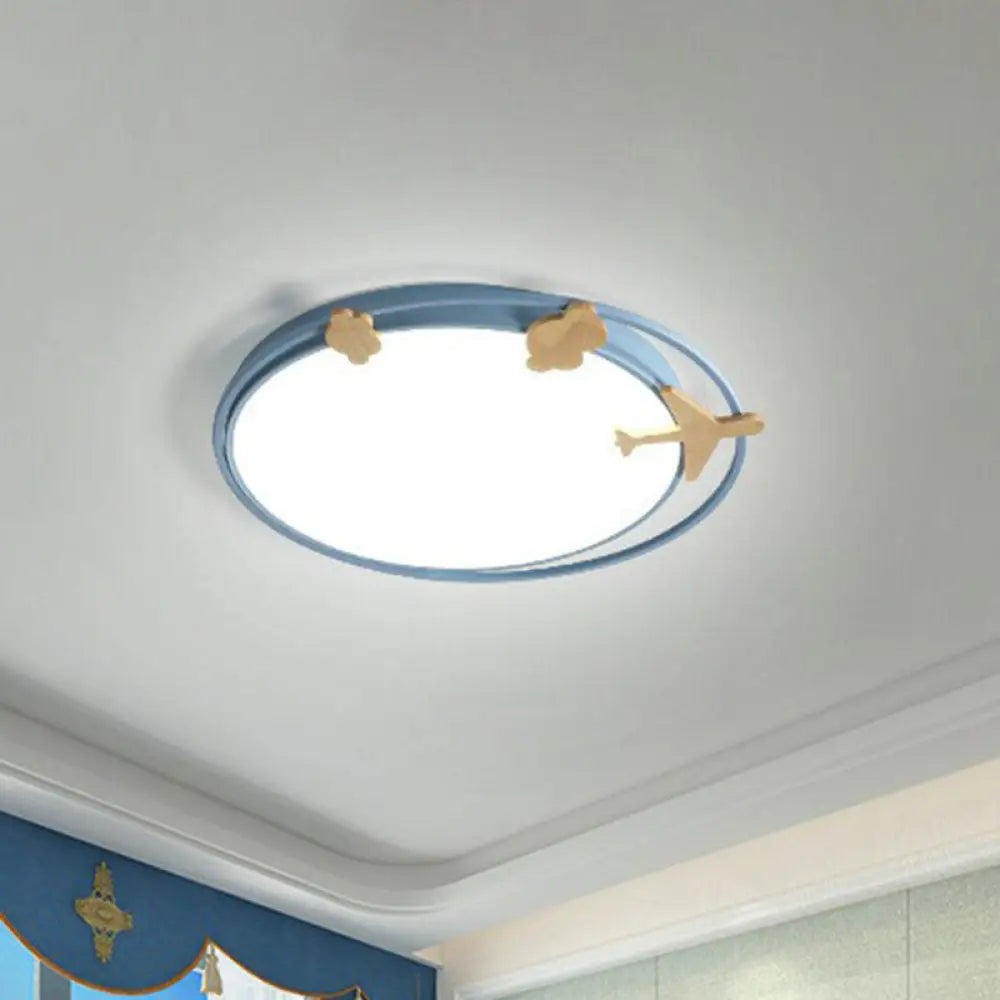 Metallic Cartoon Led Flush Mount For Kids Bedroom With Wooden Decor Blue / Small White
