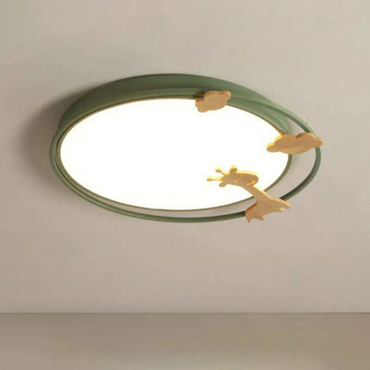 Metallic Cartoon Led Flush Mount For Kids Bedroom With Wooden Decor Green / Small Warm