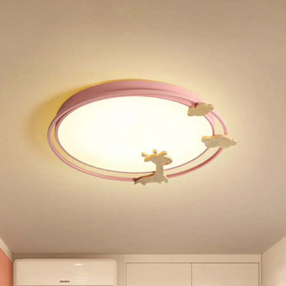 Metallic Cartoon Led Flush Mount For Kids Bedroom With Wooden Decor Pink / Small White