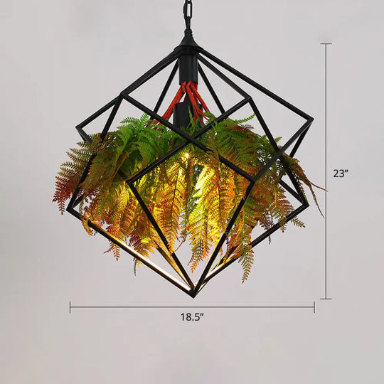 Metallic Ceiling Pendant With Industrial Frame And Plant Decor For Restaurant Dark Green