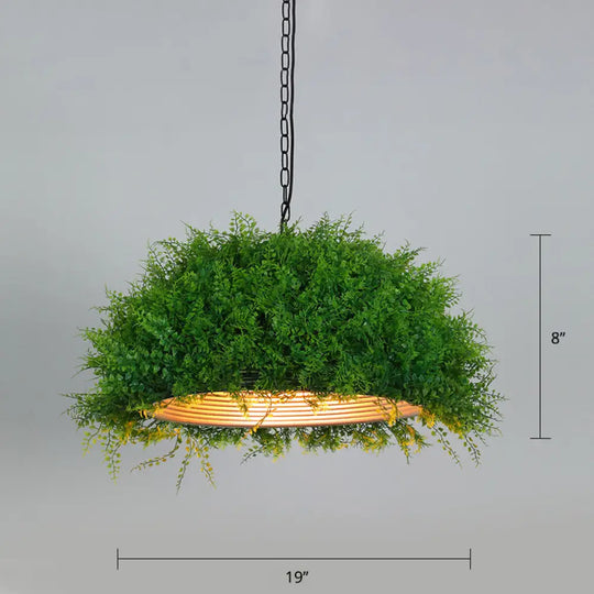 Metallic Ceiling Pendant With Industrial Frame And Plant Decor For Restaurant Green