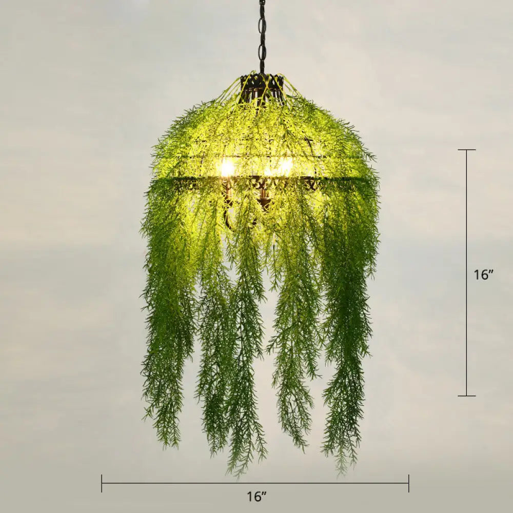 Metallic Ceiling Pendant With Industrial Frame And Plant Decor For Restaurant Light Green