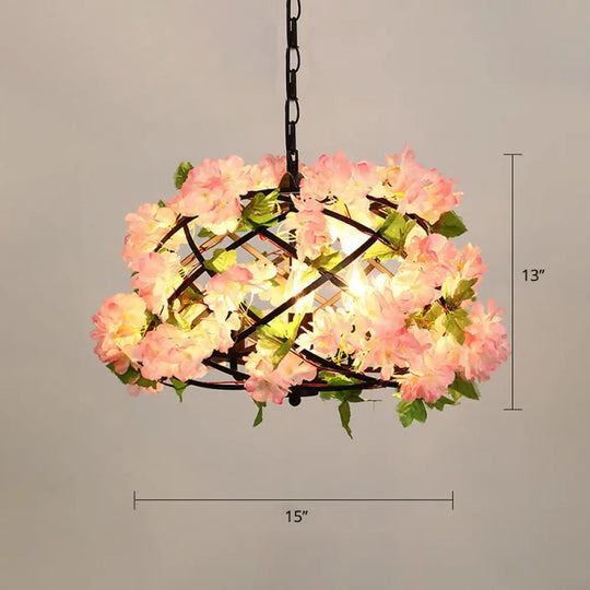 Metallic Ceiling Pendant With Industrial Frame And Plant Decor For Restaurant Light Pink