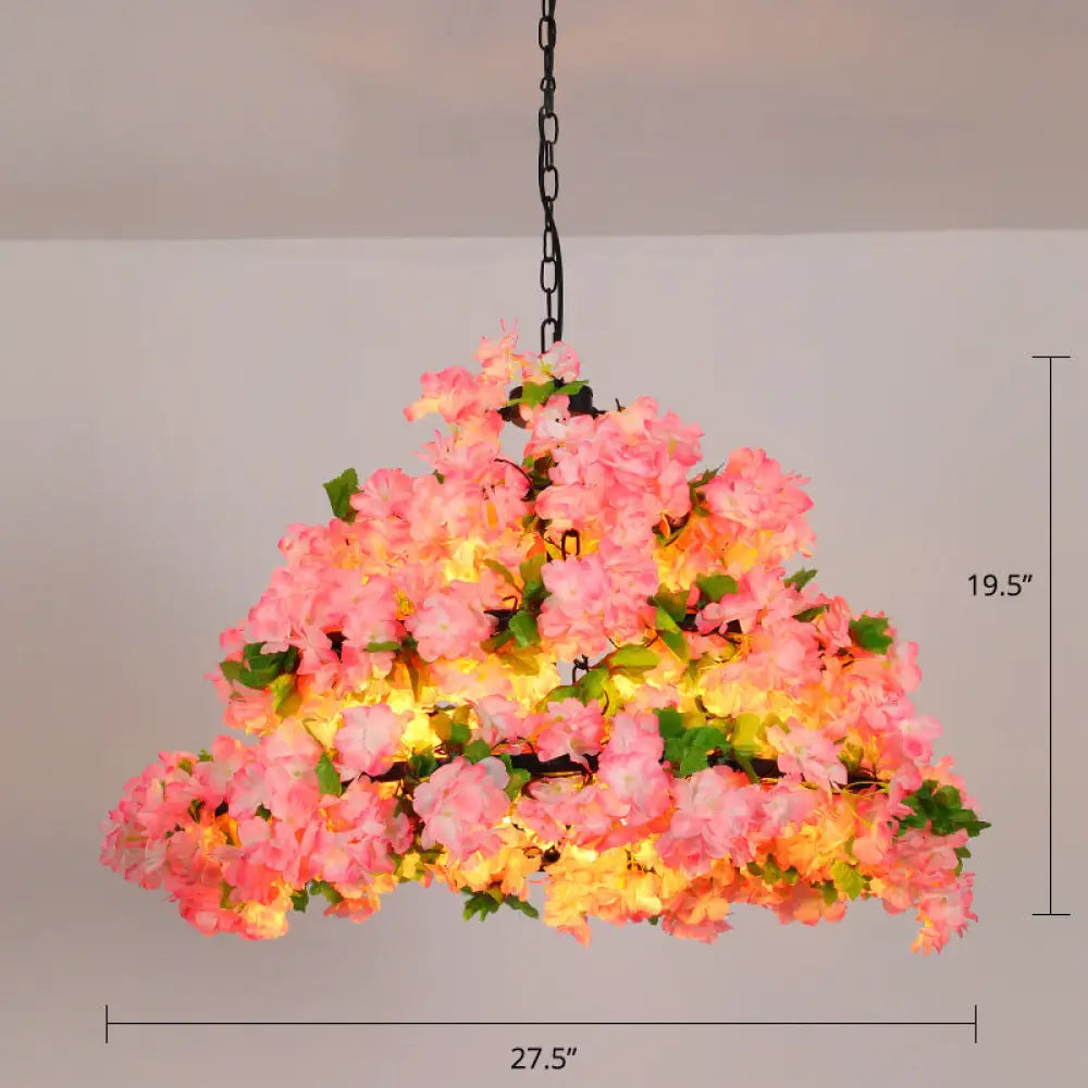 Metallic Ceiling Pendant With Industrial Frame And Plant Decor For Restaurant Orange Pink