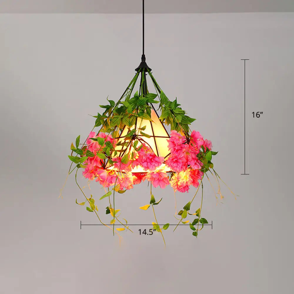 Metallic Ceiling Pendant With Industrial Frame And Plant Decor For Restaurant Pink