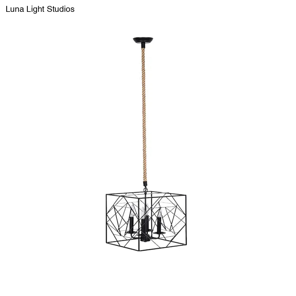 Metallic Chandelier Lamp - 4 Heads Black Cubic Frame Candlestick Design Perfect For Dining Room And