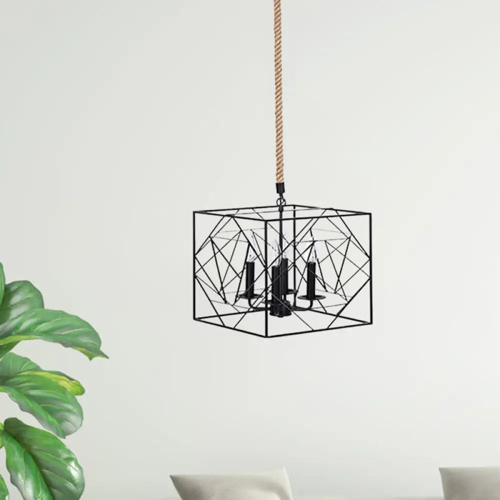 Metallic Chandelier Lamp - 4 Heads Black Cubic Frame Candlestick Design Perfect For Dining Room And