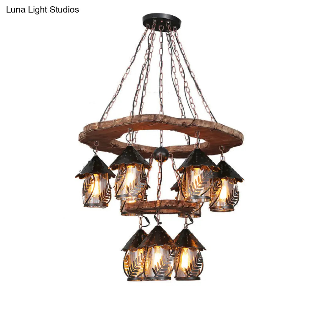 Leaf Pattern Wood Lantern Chandelier - Stylish Metallic Lighting For Restaurants / F