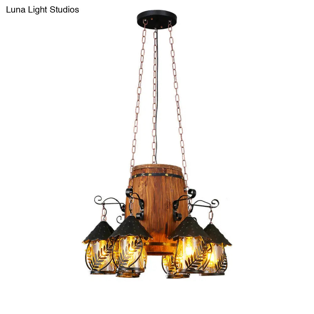 Leaf Pattern Wood Lantern Chandelier - Stylish Metallic Lighting For Restaurants / C