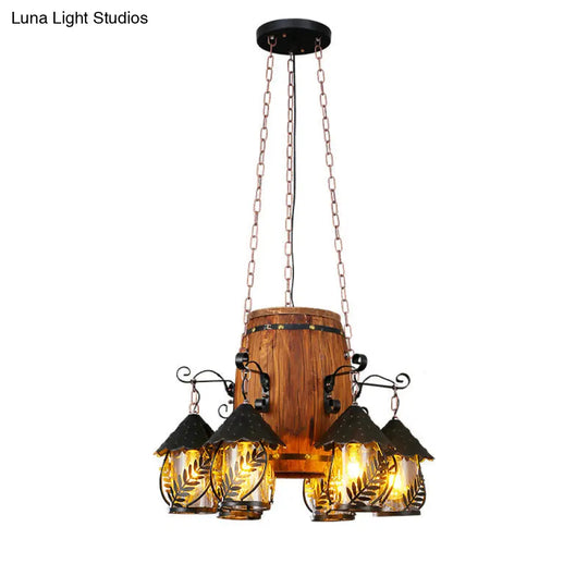 Leaf Pattern Wood Lantern Chandelier - Stylish Metallic Lighting For Restaurants / C