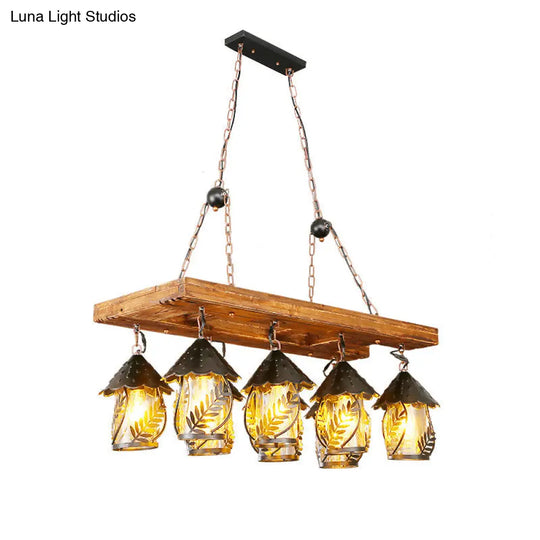 Leaf Pattern Wood Lantern Chandelier - Stylish Metallic Lighting For Restaurants / D