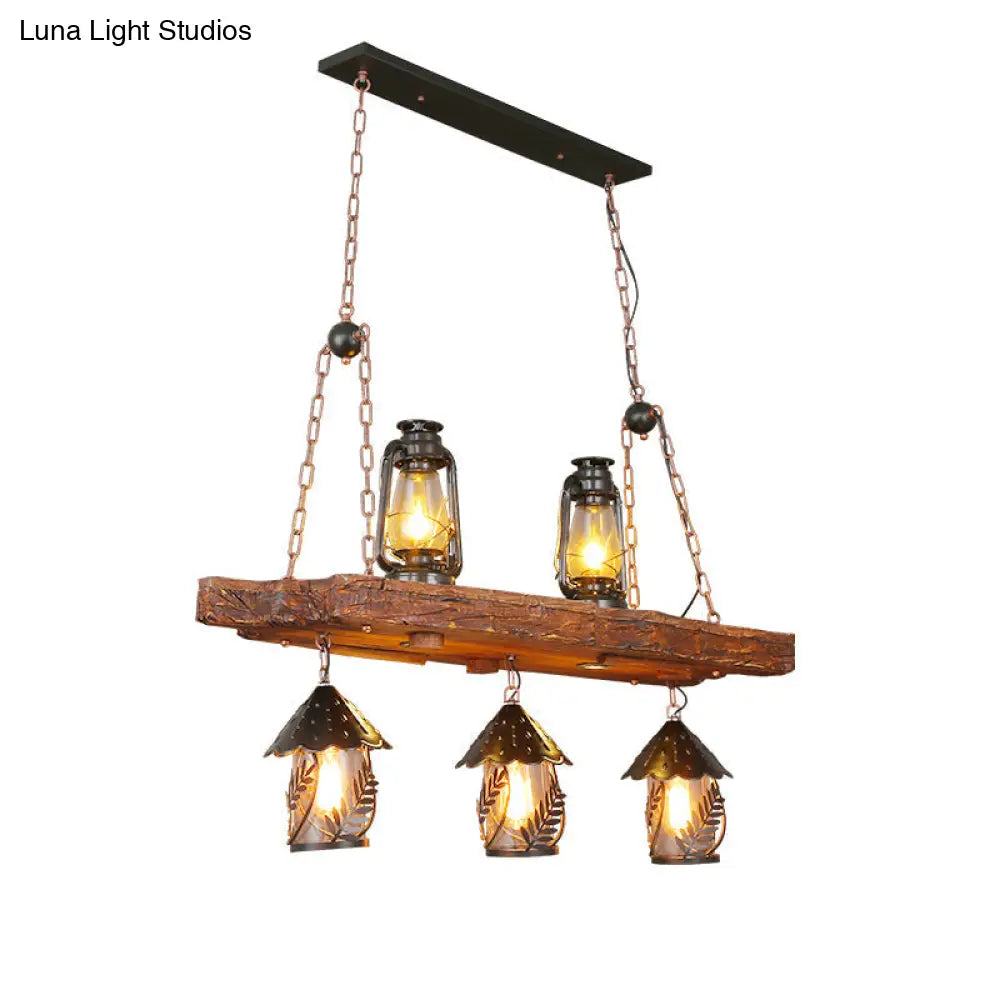 Leaf Pattern Wood Lantern Chandelier - Stylish Metallic Lighting For Restaurants