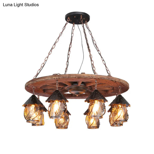 Leaf Pattern Wood Lantern Chandelier - Stylish Metallic Lighting For Restaurants / G