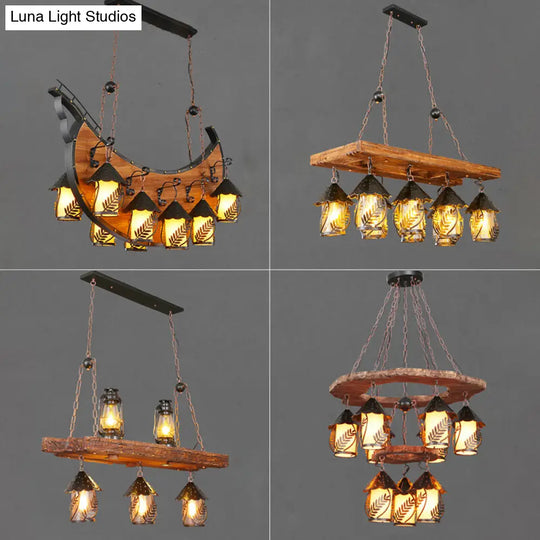 Leaf Pattern Wood Lantern Chandelier - Stylish Metallic Lighting For Restaurants