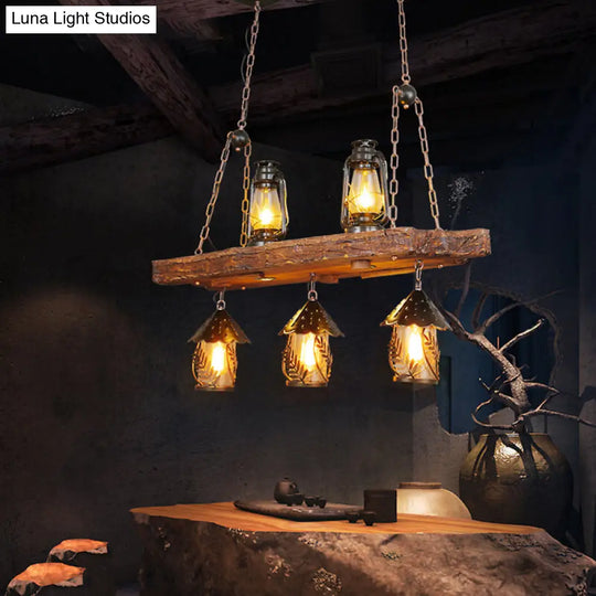 Leaf Pattern Wood Lantern Chandelier - Stylish Metallic Lighting For Restaurants / E