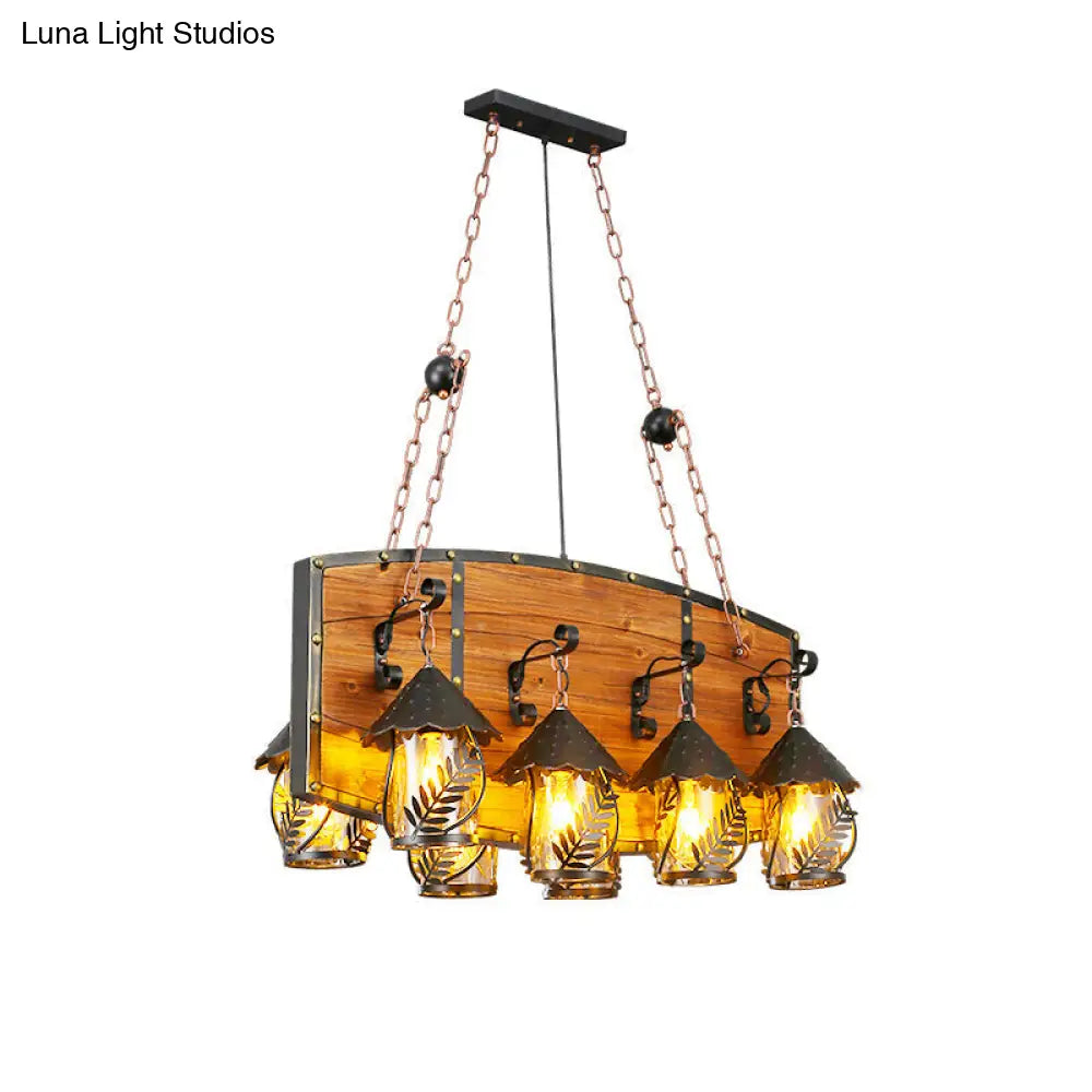 Leaf Pattern Wood Lantern Chandelier - Stylish Metallic Lighting For Restaurants / H