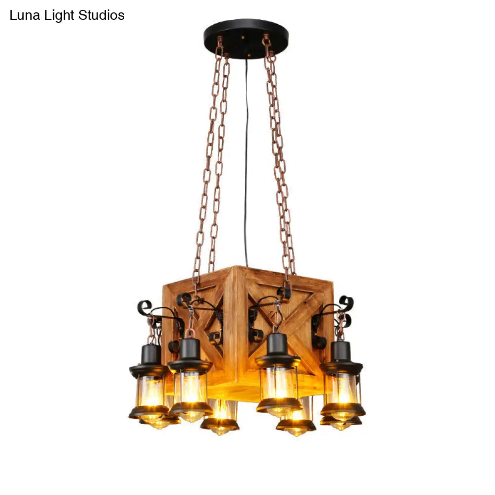 Leaf Pattern Wood Lantern Chandelier - Stylish Metallic Lighting For Restaurants / A