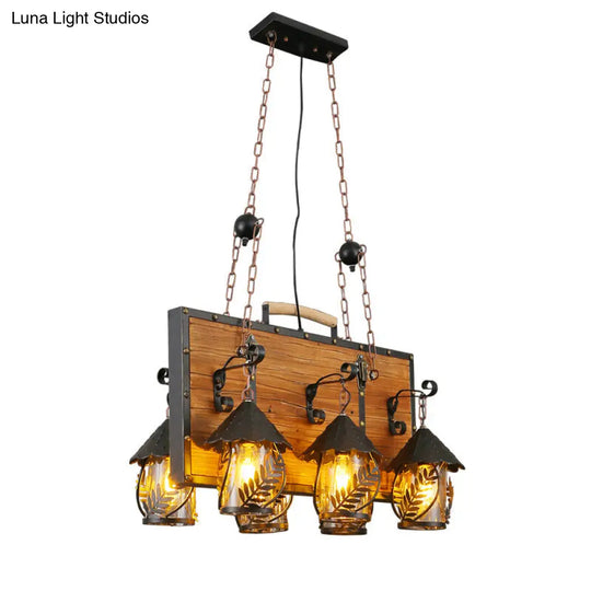 Leaf Pattern Wood Lantern Chandelier - Stylish Metallic Lighting For Restaurants / B