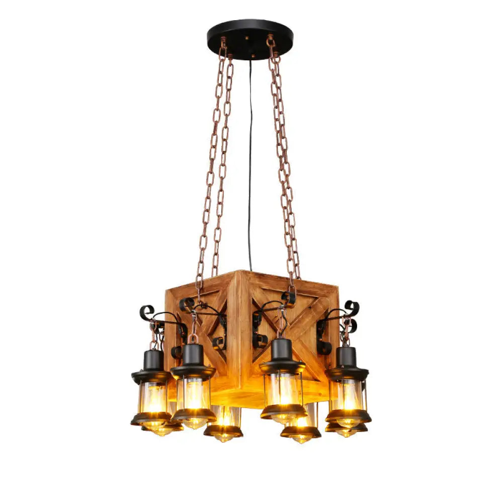 Metallic Chandelier Wood Lantern With Leaf Pattern - Elegant Restaurant Suspension Lamp / A