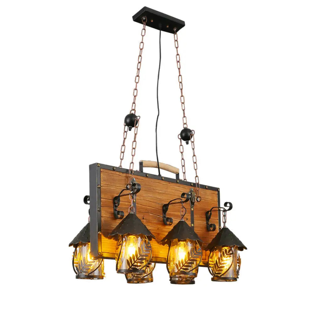 Metallic Chandelier Wood Lantern With Leaf Pattern - Elegant Restaurant Suspension Lamp / B