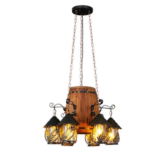 Metallic Chandelier Wood Lantern With Leaf Pattern - Elegant Restaurant Suspension Lamp / C