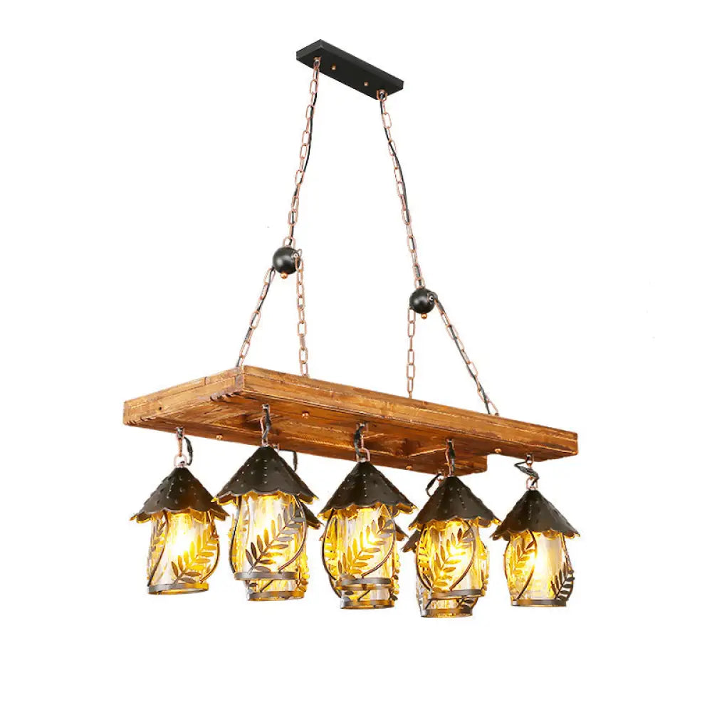 Metallic Chandelier Wood Lantern With Leaf Pattern - Elegant Restaurant Suspension Lamp / D