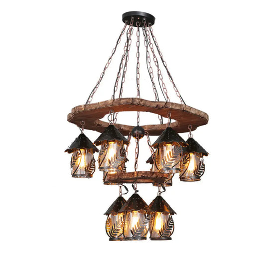 Metallic Chandelier Wood Lantern With Leaf Pattern - Elegant Restaurant Suspension Lamp / F