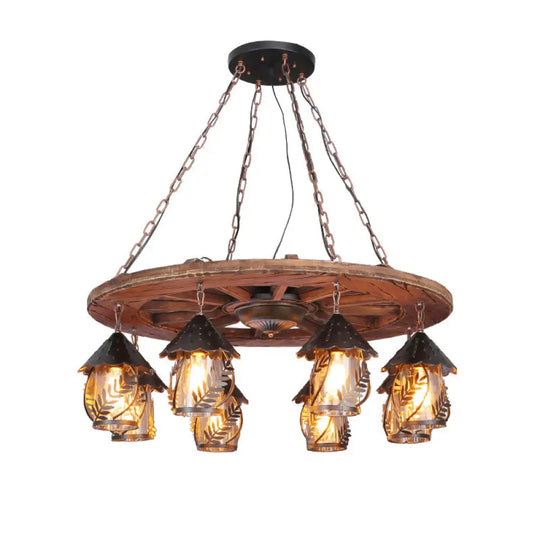 Metallic Chandelier Wood Lantern With Leaf Pattern - Elegant Restaurant Suspension Lamp / G