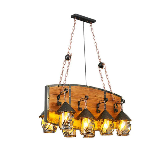 Metallic Chandelier Wood Lantern With Leaf Pattern - Elegant Restaurant Suspension Lamp / H