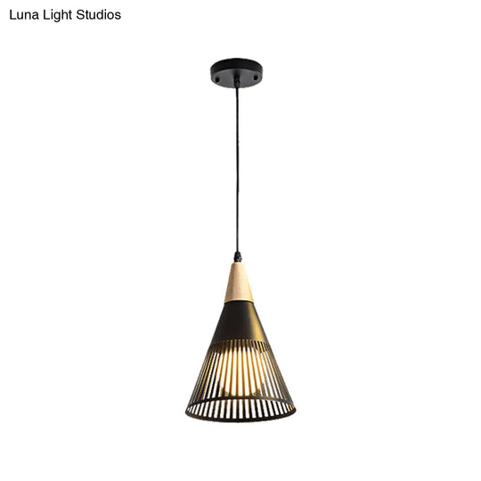 Contemporary Metallic Cone Ceiling Light With Cage Shade - 1-Light Pendant For Bedroom In